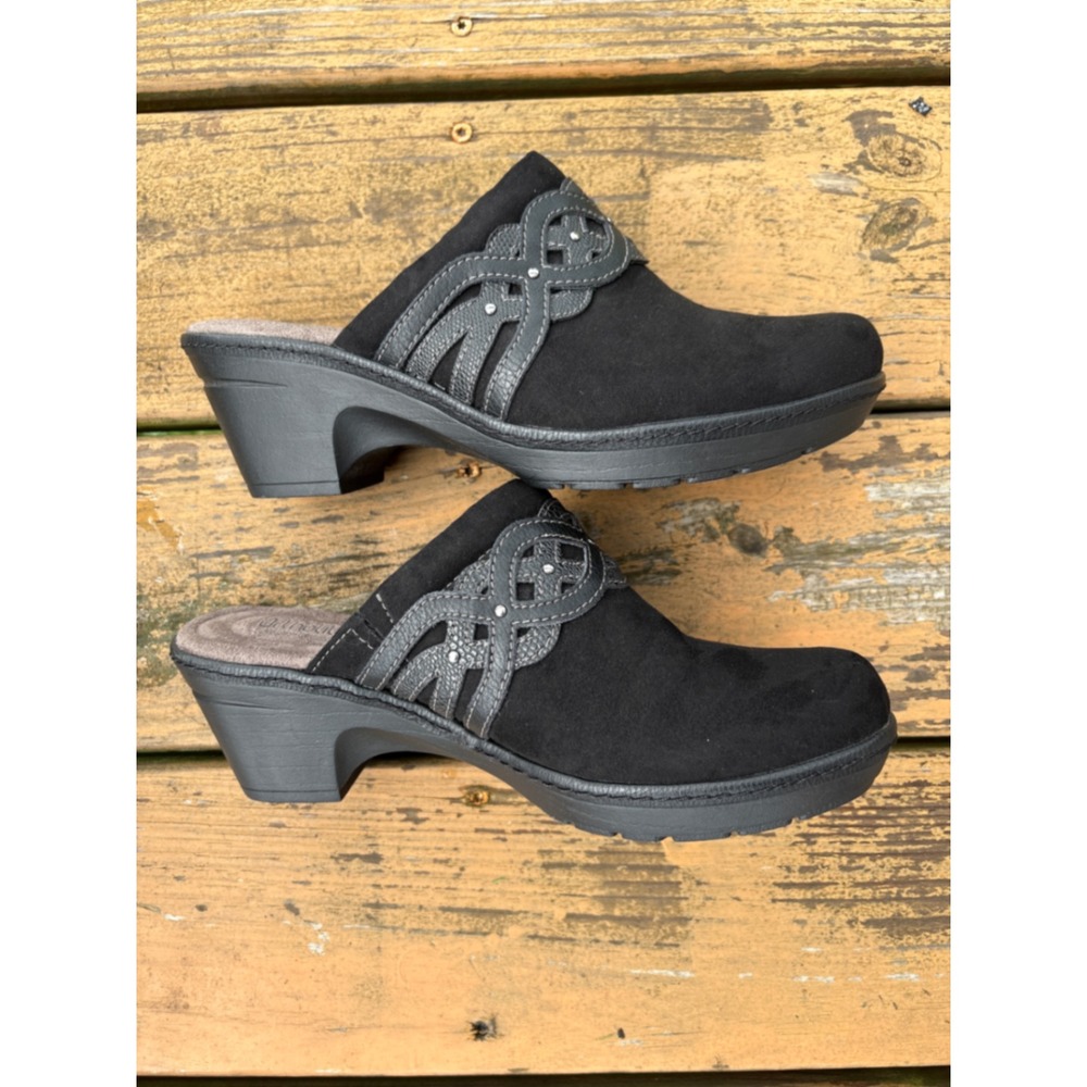 Croft & Barrow Black Ortholite Clog Mules Faux Suede Studded Lattice Heel Womens - Picture 7 of 11